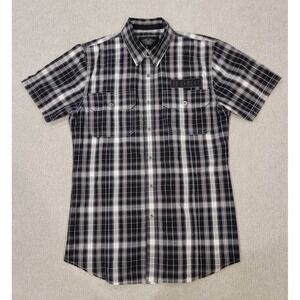 Harley Davidson Men's Snap Button Plaid Short Sleeve Shirt Medium Mechanic Patch